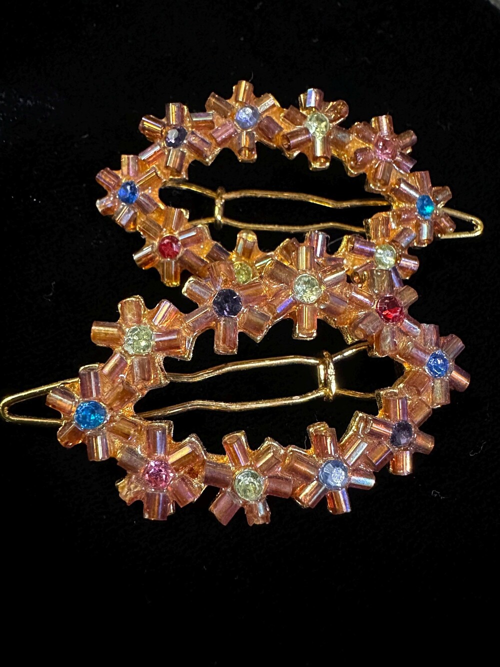Vintage Beaded Floral Oval Hair Clips – Multicolor Rhinestone Bobby Pins